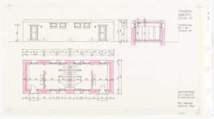 Theater, Ios: Toilettengebäude: Ansicht, Schnitt, Grundriss 1:50