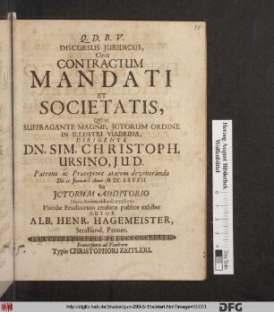 Discursus Iuridicus, Circa Contractum Mandati Et Societatis