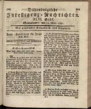 XLVI. Stück. Sonnabends: den 12. Nov. 1791.
