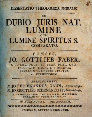 Dissertatio Theologica Moralis De Dubio Juris Nat. Lumine Cum Lumine Spiritus S. Comparato