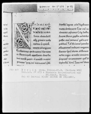 Cassiodor, Historia Ecclesiastica — Initiale N(UNC IGITUR DE IULIANO), Folio 83recto