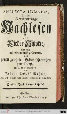 Band 2,4: Analecta Hymnica: Das ist: Merckwürdige Nachlesen zur Lieder-Historie