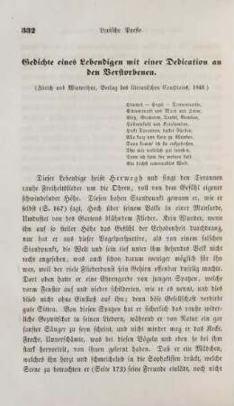 Gedichte eines Lebendigen mit einer Dedication an den Verstorbenen. Zürich und Winterthur, Verlag des literarischen Comptoirs, 1841)