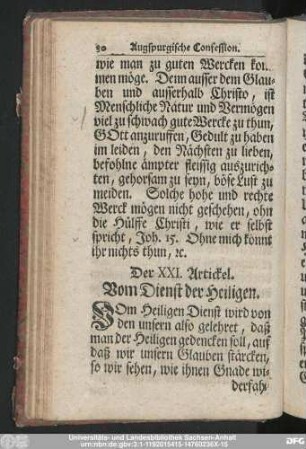 Der XXI. Artickel. Vom Dienst der Heiligen.