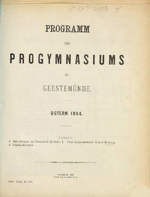 Programm des Progymnasiums zu Geestemünde : Ostern .... 1883/84