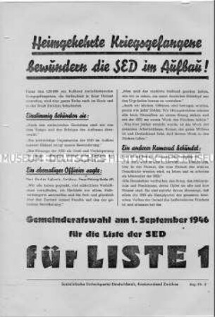 Stellungnahme heimgekehrter Kriegsgefangener zur kommunalen Arbeit des Kreisvorstandes Zwickau der SED; Aufruf zur Wahl ihrer Kandidaten zu den Gemeindewahlen