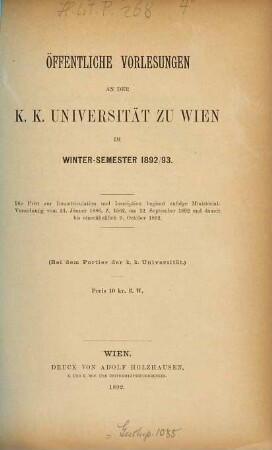 Vorlesungsverzeichnis. 1892/93. WS