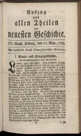 XX. Nachl. Coburg, den 20. May, 1758.