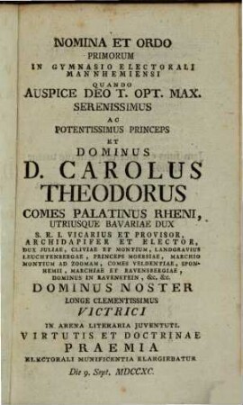 Nomina et ordo primorum in Gymnasio Electorali Mannhemiensi ..., 1790