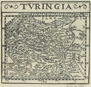 Tafel Ic : Karte von Thüringen, Holzschnitt, 1562 : Turingia / Hiob Magdeburg. - [Meißen] , 1562. - 1 Kt. : Holzschnitt ; 15 x 14 cm. Maßstab in graph. Form (Miliaria). - Kopft. - Mit Kt.-Netz. - Windrose unten rechts d. Mitte