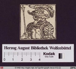 Brustbildnis eines Fürsten in Rüstung mit federbesetztem Helm und Szepter.