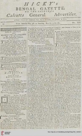 16: Hicky's Bengal gazette, or The original Calcutta general advertiser
