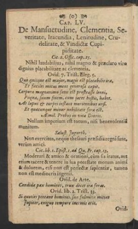 Cap. LV. De Mansuetudine, Clementia, Severitate, Iracundia, lenitudine, Crudelitate, & Vindictae Cupipiditate.