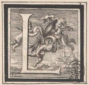 Initiale L (Putti mit heraldischer Lilie), aus: Sei omelie di Nostro Signore papa Clemente undecimo esposte in versi da Alessandro Guidi, Rom 1712