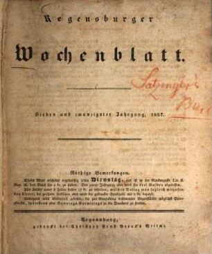 Regensburger Wochenblatt. 27, 27. 1837