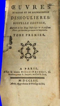 Oeuvres De Madame Et De Mademoiselle Deshoulières, 1