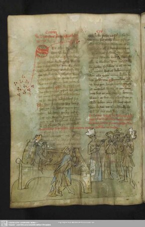 45v: kolorierte Federzeichnung: Joseph und Putiphars Weib, Gefangennahme Josephs