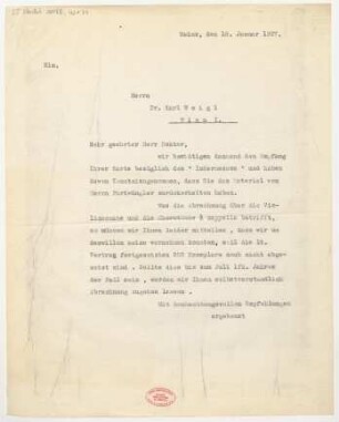 Brief an Karl Weigl : 18.01.1927