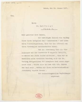 Brief an Karl Weigl : 18.01.1927