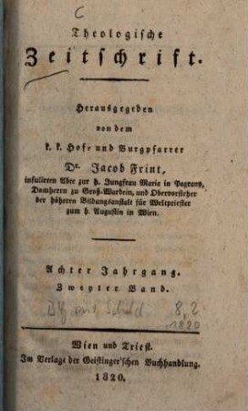 Theologische Zeitschrift. 8,2. 1820