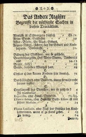 Das Andere Register Begreifft die nöthigste Sachen in diesem Tractätlein.