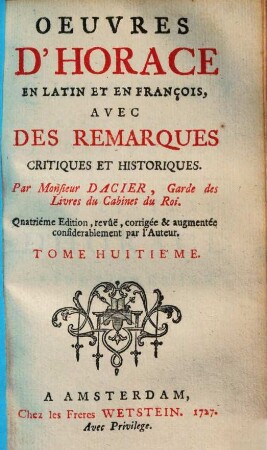 Oeuvres d'Horace : en latin et en français, 8