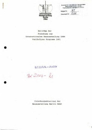 Bericht: Forschungsbeiträge zur IBA 1984, vorläufiges Programm 1981