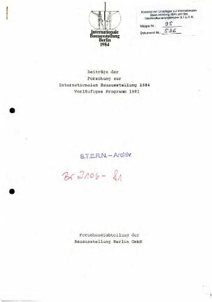 Bericht: Forschungsbeiträge zur IBA 1984,               vorläufiges Programm 1981