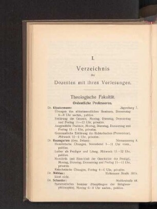 I. Verzeichnis der Dozenten mit ihren Vorlesungen.