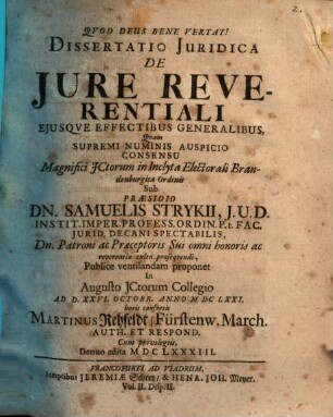 Dissertatio iuridica de iure reverentiali eiusque effectibus generalibus