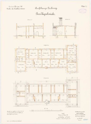 Kavalleriekaserne, Münster: Beschlagschmiede: Grundriss Fundamente, Erdgeschoss, Querschnitte 1:100