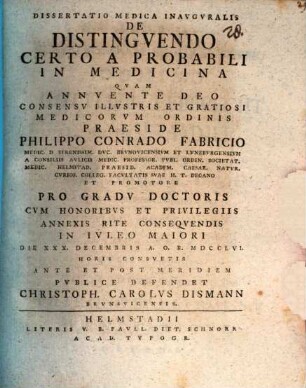 Diss. med. inaug. de distinguendo certo a probabili in medicina