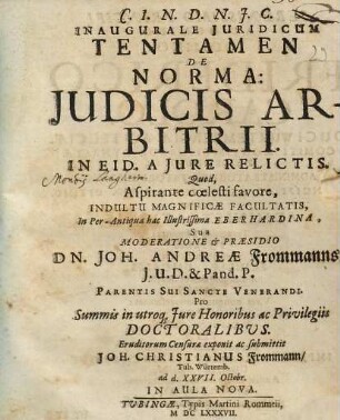 Inaugurale iuridicum tentamen de norma iudicis arbitrii in eid. a iure relictis