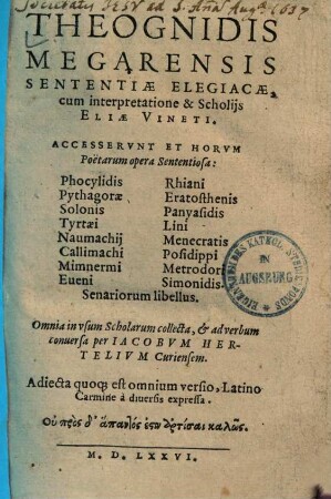 Theognidis Megarensis Sententiae elegiacae