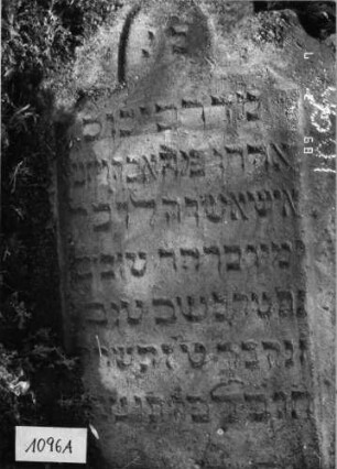 Grabstein 1096 (Index: 99751146) Material: Sandstein Zustand: gut, Stele liegend Maße HxBxT: 110x63x10 cm Beschreibung: Stele, doppelt eingezogener Rundbogenabschluß, Schriftfeld eingetieft: Grabstein 1096A