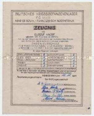 Zeugnis für das zweite Semester der Ingenieurschule für Maschinenbau und Elektronik im Kriegsgefangenenlager Ksar es Souk (Französich Nordafrika)