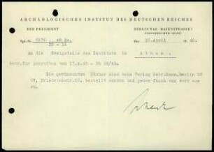 M. Schede an DAI Athen