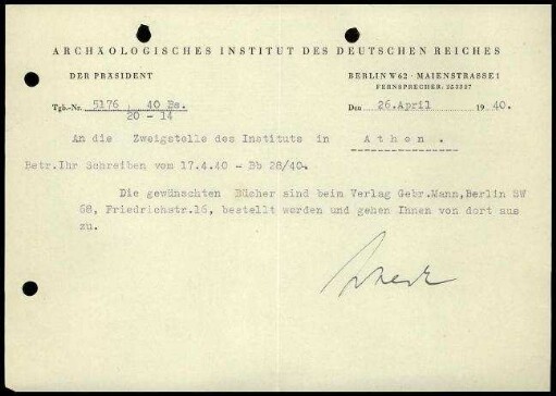 M. Schede an DAI Athen