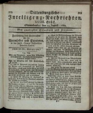XXXIII. Stück. Sonnabends: den 14. August, 1784.