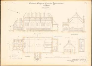 Kaiserin-Auguste-Viktoria-Gymnasium, Plön: Turnhalle: Längsschnitt, Querschnitt, Grundriss, Details 1:100