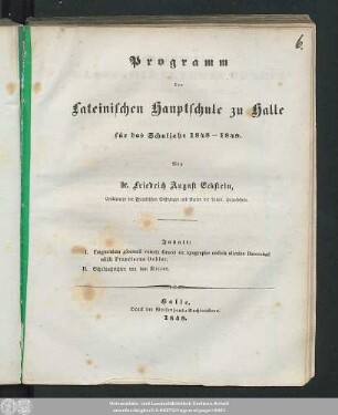 1849: Programm der Lateinischen Hauptschule in Halle : für d. Schuljahr ...
