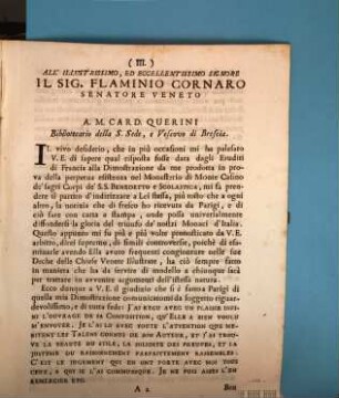Lettera dell ... Cardinale Querini all'illustrissimo ed eccellentissimo Signore Flaminio Cornaro Senator Vento : [Brescia 26 Aprile 1754]