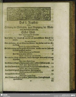 Das I. Register, Oder Ordnung der Predigten, samt Anzeigung der Materien, wovon sie handeln