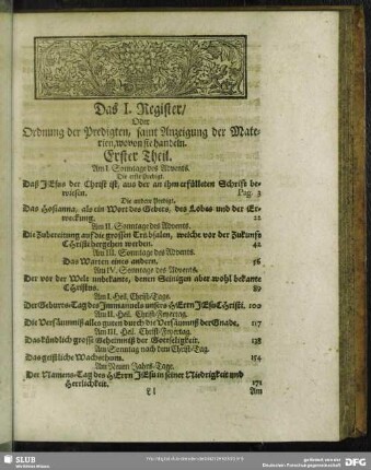 Das I. Register, Oder Ordnung der Predigten, samt Anzeigung der Materien, wovon sie handeln