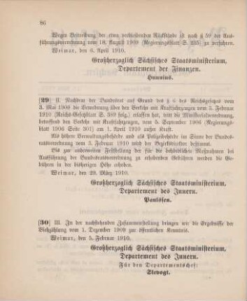 Nr. 29: Ministerialbekanntmachung, betreffend Ausführung der Bundesratsverordnung vom 3. Februar 1910 über den Verkehr mit Kraftfahrzeugen