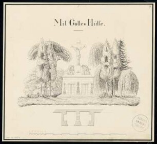 Grabdenkmal Monatskonkurrenz März 1832: Grundriss, Aufriss Vorderansicht; Maßstabsleiste