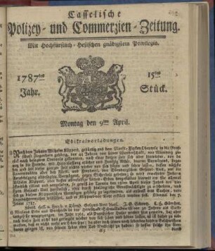 15tes Stueck, Montag den 9ten April. 1787