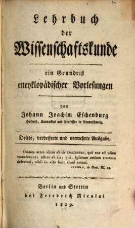 Lehrbuch der Wissenschaftskunde : ein Grundriß encyklopädischer Vorlesungen