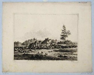 Die Ruine des Tores zum Großen Garten in Dresden am westlichen Eingang der Hauptallee nach der Sprengung durch französische Soldaten im Jahr 1813, im Hintergrund das Palais
