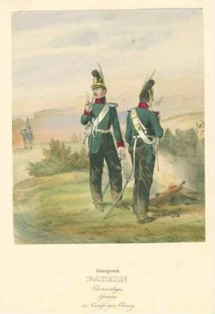 2 Gemeine Soldaten eines Chevauxleger-Regiments an einem offenen Feuer stehend, im Hintergrund Reitersoldat, Uniformblätter nach der bayr. Armee von Dietrich Monten und Heinrich Ambros Eckert